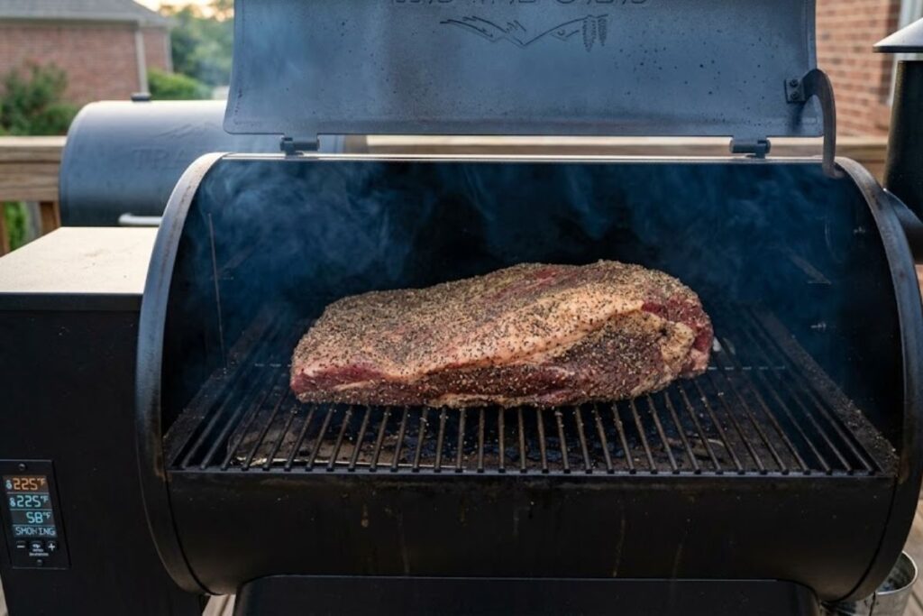 Seasoned raw brisket placed on clean smoker grates for an authentic recipe for smoked beef brisket rub.