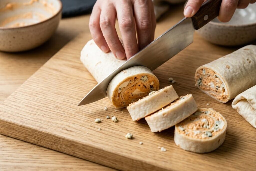 Chef’s knife slicing through a chilled buffalo chicken tortilla roll into clean, evenly sized pinwheel rounds on a wooden cutting board.