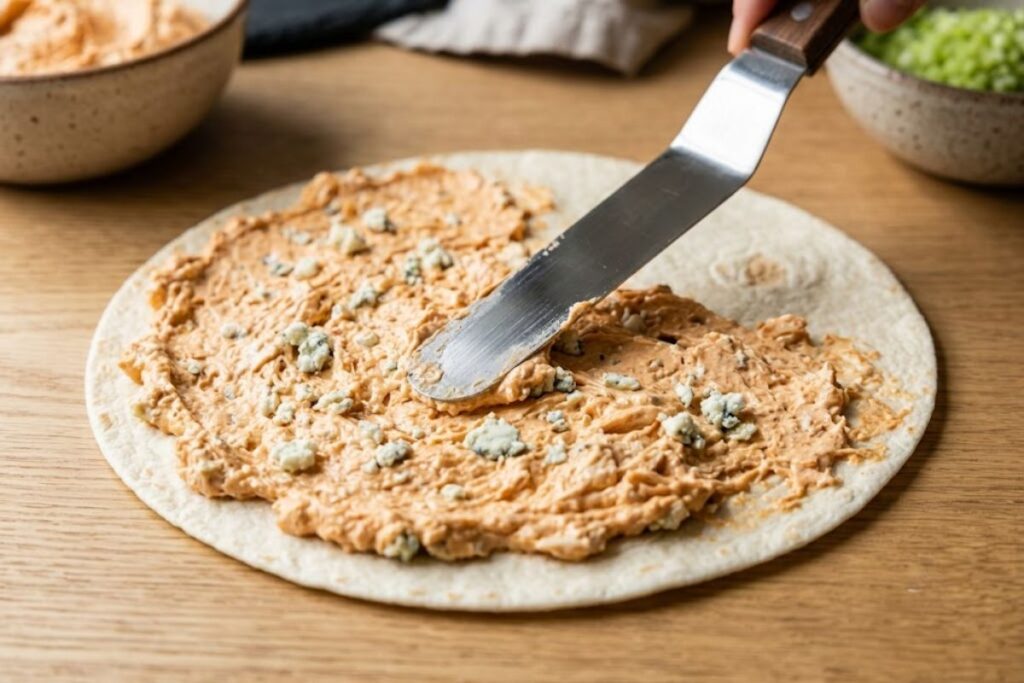 Close-up of an offset spatula spreading thick buffalo chicken filling evenly across a large flour tortilla, reaching the edges for a tight roll.