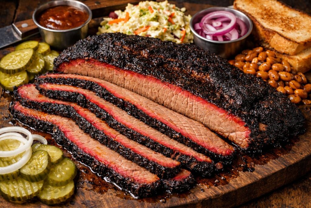 Finished smoked brisket bark using Texas brisket dry rub recipe on a wooden serving board.