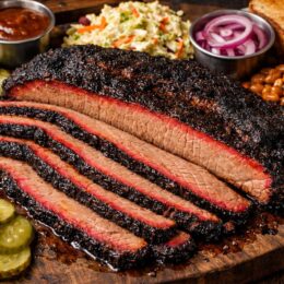 Finished smoked brisket bark using Texas brisket dry rub recipe on a wooden serving board.