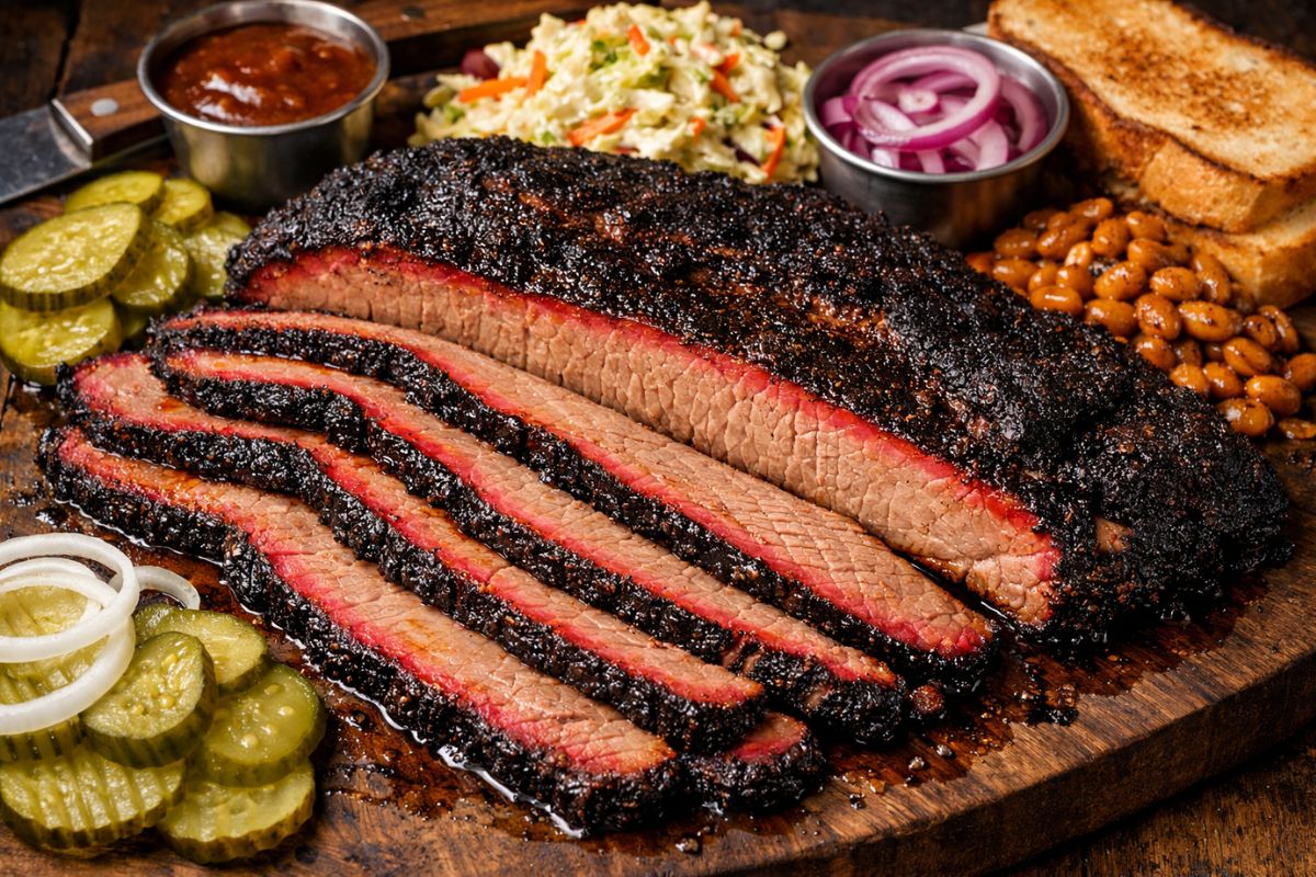 Finished smoked brisket bark using Texas brisket dry rub recipe on a wooden serving board.