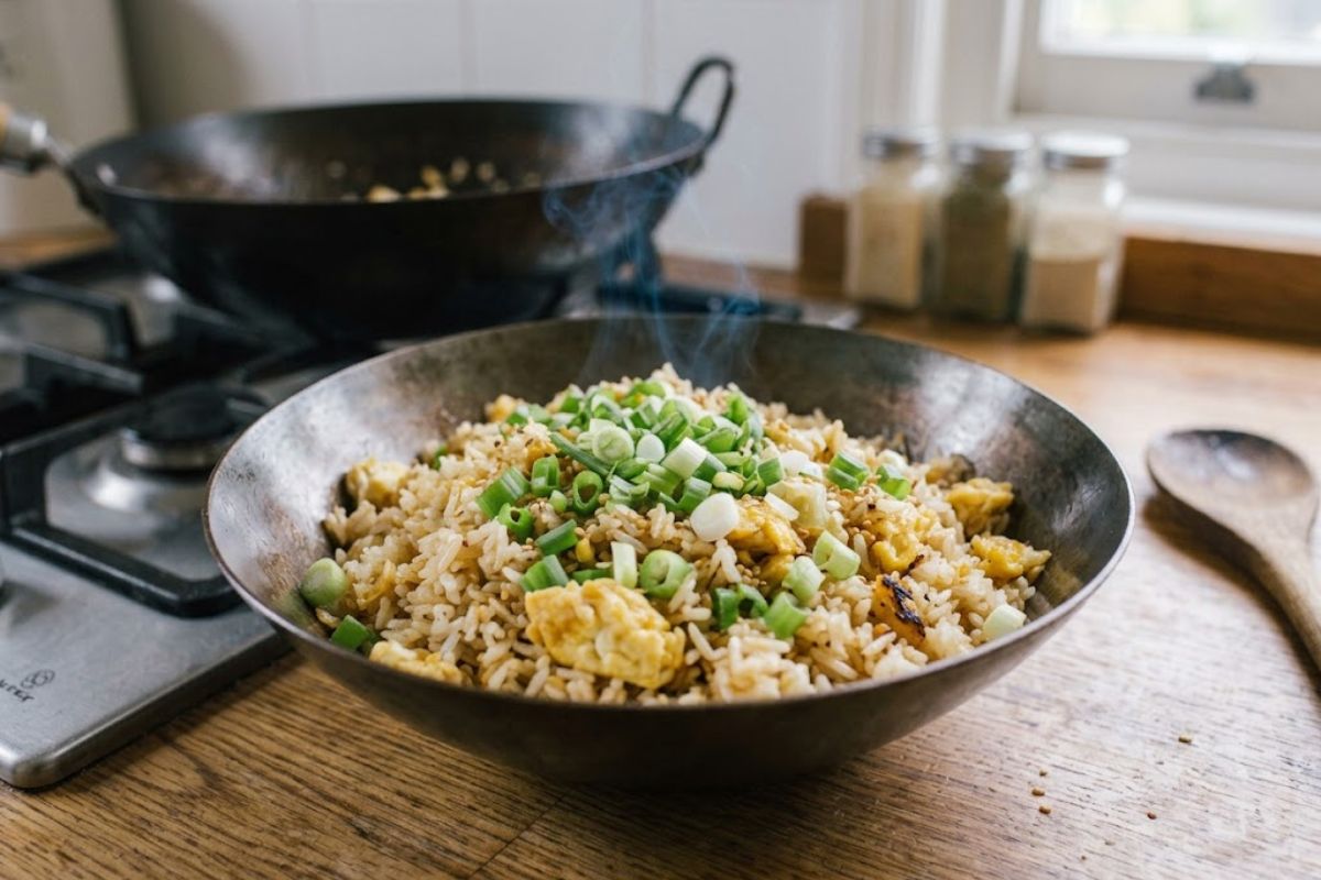Bowl of 20-minute egg fried rice with fluffy jasmine rice, golden scrambled eggs, scallions, and smoky wok hei served fresh in a wok-style bowl.