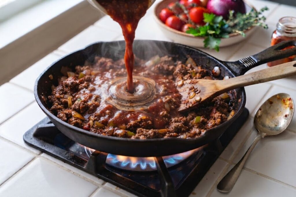 Adding Classic Sloppy Joe Sauce Ingredients to Ground Beef