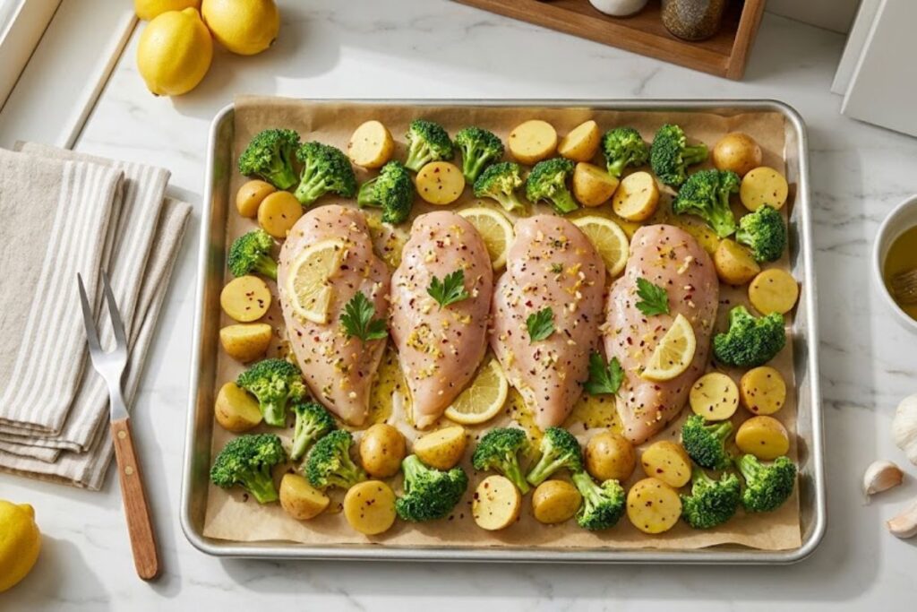 Raw chicken breasts surrounded by chopped broccoli florets and baby gold potatoes on a parchment-lined baking sheet.