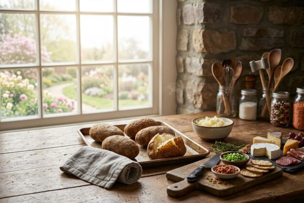 Fluffy baked Russet potatoes split open on a baking tray, showing the soft potato centers used to create creamy loaded baked potato soup.