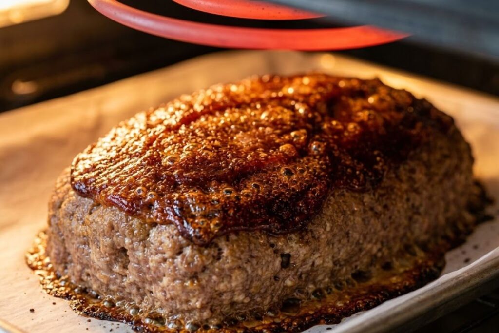 Close-up shot of the meatloaf under an oven broiler, showing the brown sugar glaze bubbling, darkening, and caramelizing at the edges.