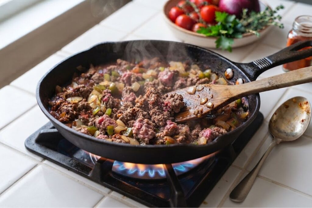 Ground beef cooking with diced onions and green peppers in a skillet on a stovetop burner for homemade sloppy joes.