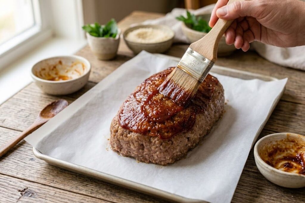A pastry brush spreading a thick, glossy red ketchup and brown sugar glaze evenly over the top of a partially baked meatloaf.