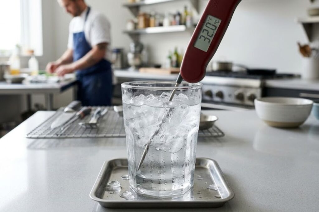 Digital food thermometer probe submerged in a glass filled with ice water testing for 32 degrees Fahrenheit calibration.