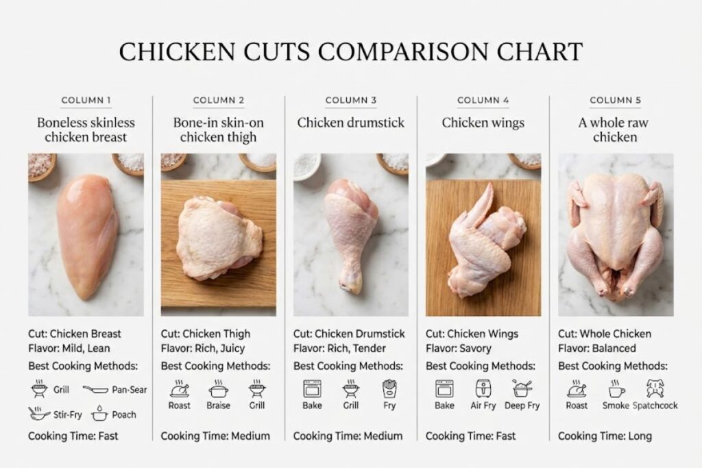 Comparison of chicken breasts, thighs, drumsticks, wings, and whole chicken with flavor, cooking methods, and cooking times.