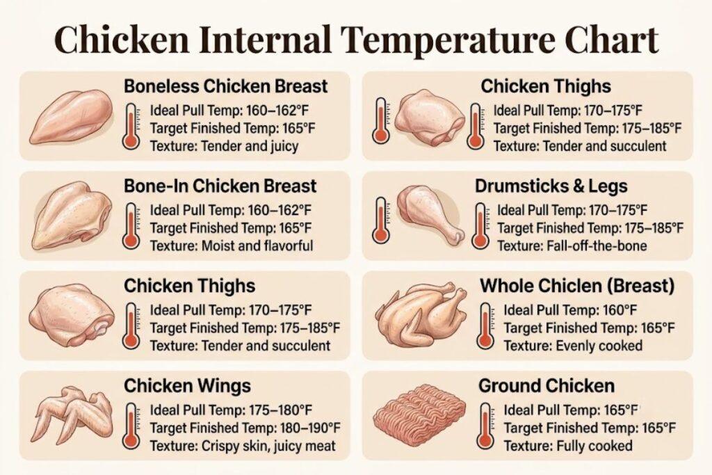 Infographic chart showing target internal cooking temperatures for chicken breast, thigh, wing, and whole poultry.