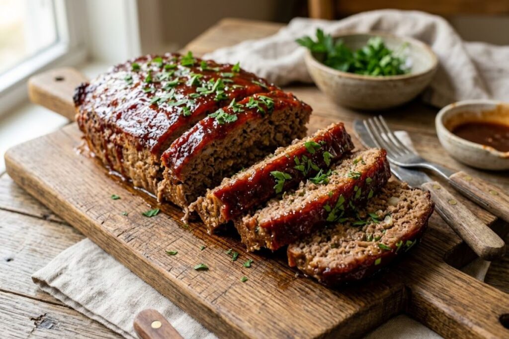 A beautifully sliced meatloaf with brown sugar glaze on a wooden cutting board, showcasing a moist interior and a shiny, caramelized red glaze topped with fresh parsley.