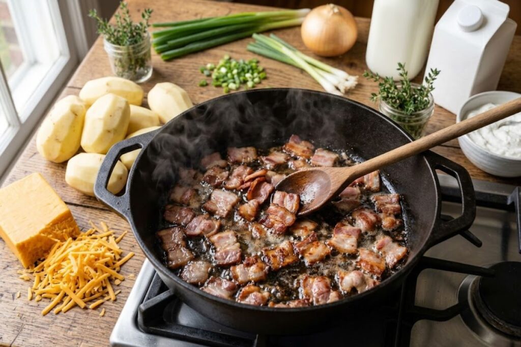 Chopped crispy bacon cooking in a Dutch oven with rendered bacon fat for potato soup.