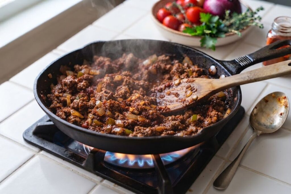 sauce simmering with ground beef in a skillet.