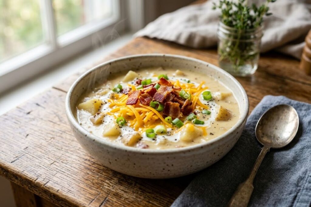 Loaded baked potato soup topped with crispy bacon, cheddar cheese, and green onions in a rustic bowl.