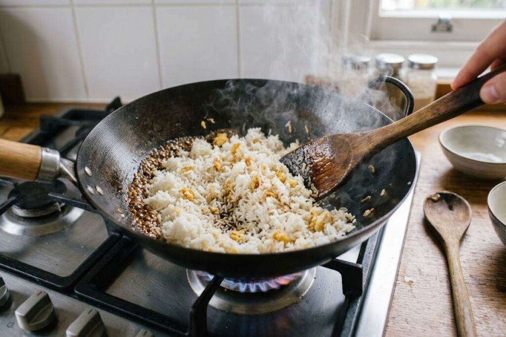 Soy sauce sizzling along the edge of a hot wok while fluffy jasmine rice is stir-fried to develop smoky wok hei flavor.