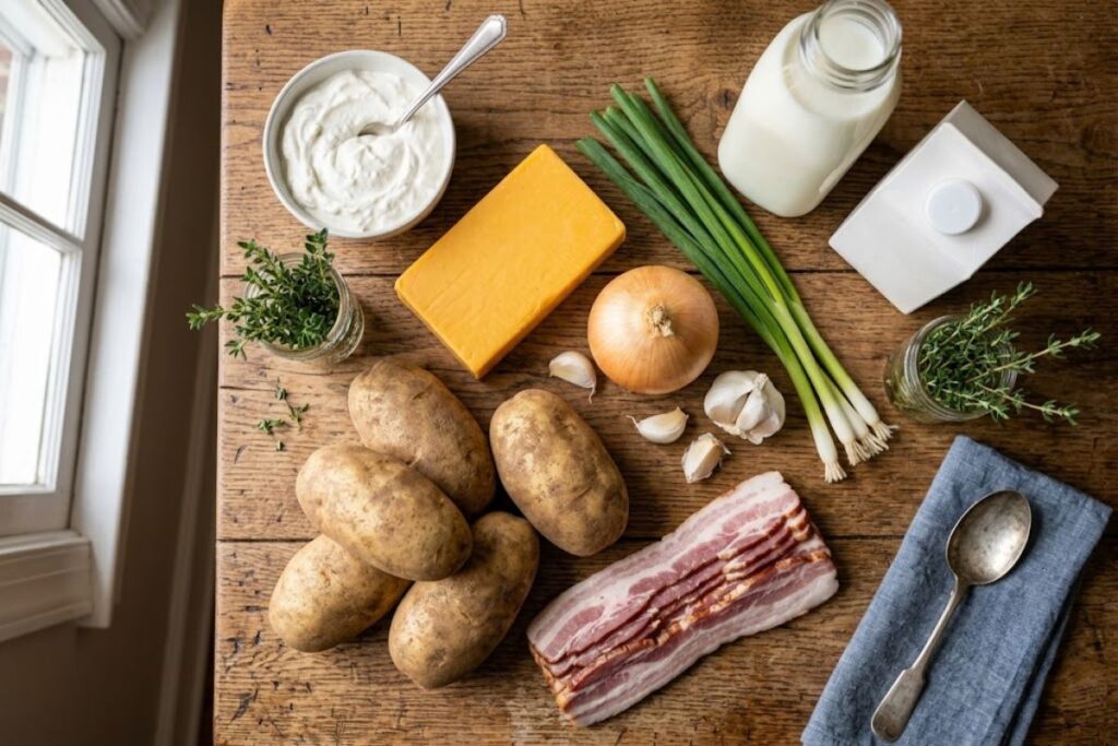 Fresh ingredients arranged for baked potato soup including Russet potatoes, bacon, cheddar cheese, milk, cream, and garlic.