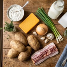 Fresh ingredients arranged for baked potato soup including Russet potatoes, bacon, cheddar cheese, milk, cream, &