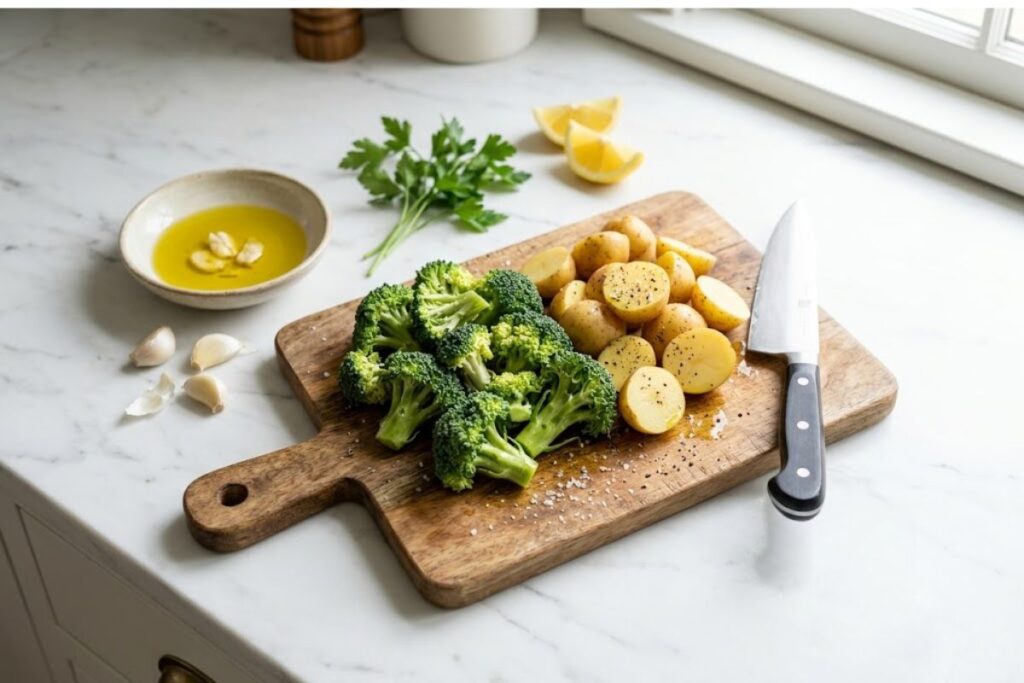 A colorful pile of fresh green broccoli florets and halved baby gold potatoes tossed in olive oil on a wooden cutting board.