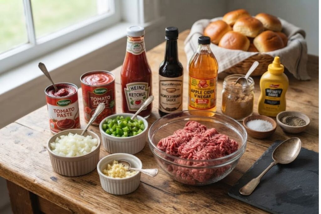 Fresh ingredients for homemade sloppy joes including ground beef, onions, green peppers, garlic, tomato sauce, tomato paste, and seasonings arranged on a kitchen counter.