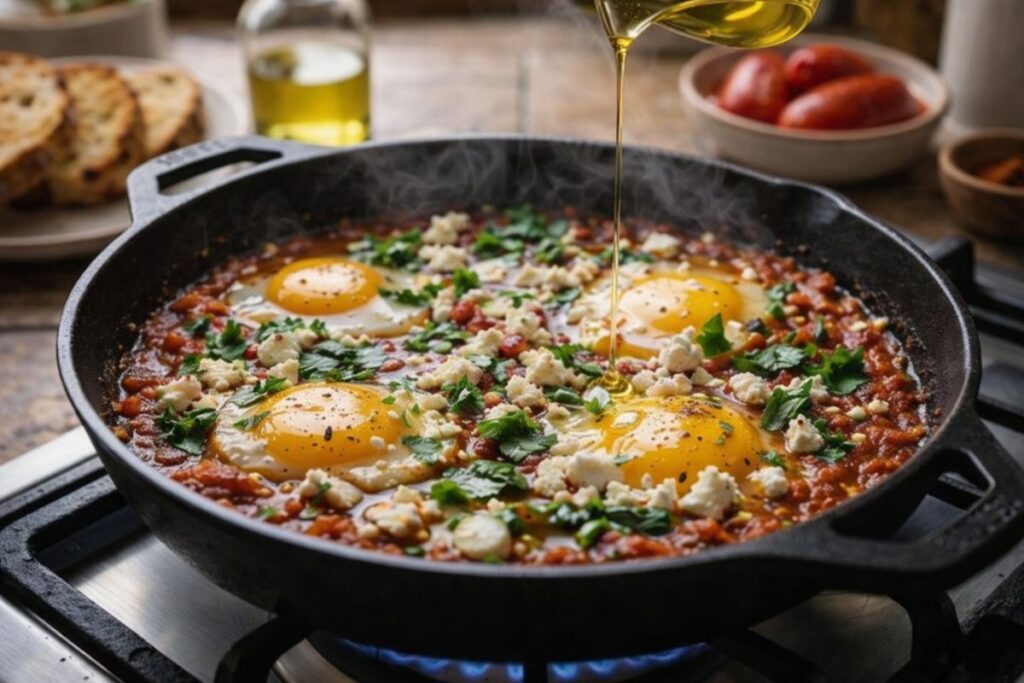 A beautiful close-up scene of a cooked shakshuka skillet being garnished with bright green freshly chopped parsley, crumbled blocks of white feta cheese gently softening against the residual heat, and a thin stream of golden olive oil being drizzled from above.