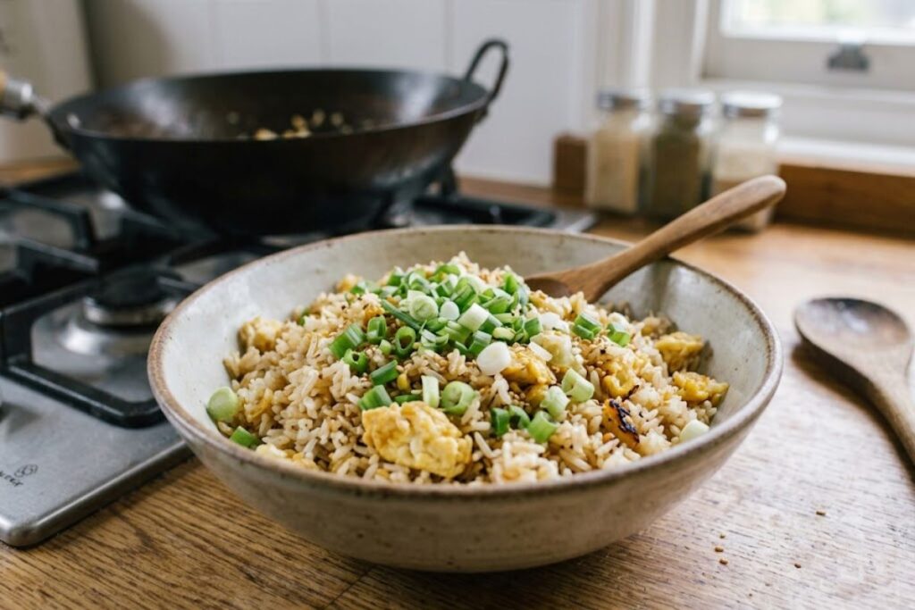 Bowl of homemade egg fried rice with fluffy jasmine rice, tender scrambled eggs, fresh scallions, and a restaurant-style smoky finish ready for dinner.