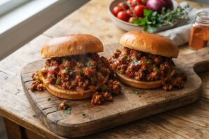 Homemade sloppy joes with thick savory beef filling served on toasted buns.