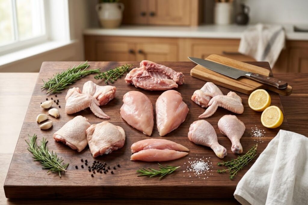 Whole chicken broken into breasts, thighs, drumsticks, and wings with labels showing the best cooking method for each cut.