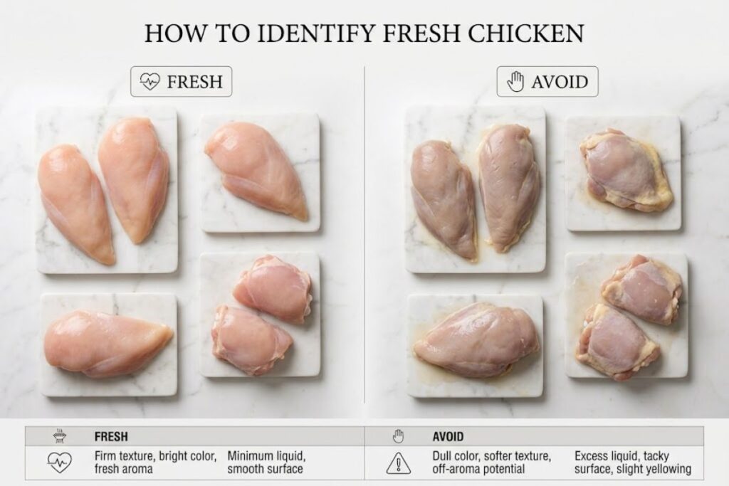 Fresh chicken breasts and thighs showing healthy pink color, white fat, and firm texture compared with discolored chicken.