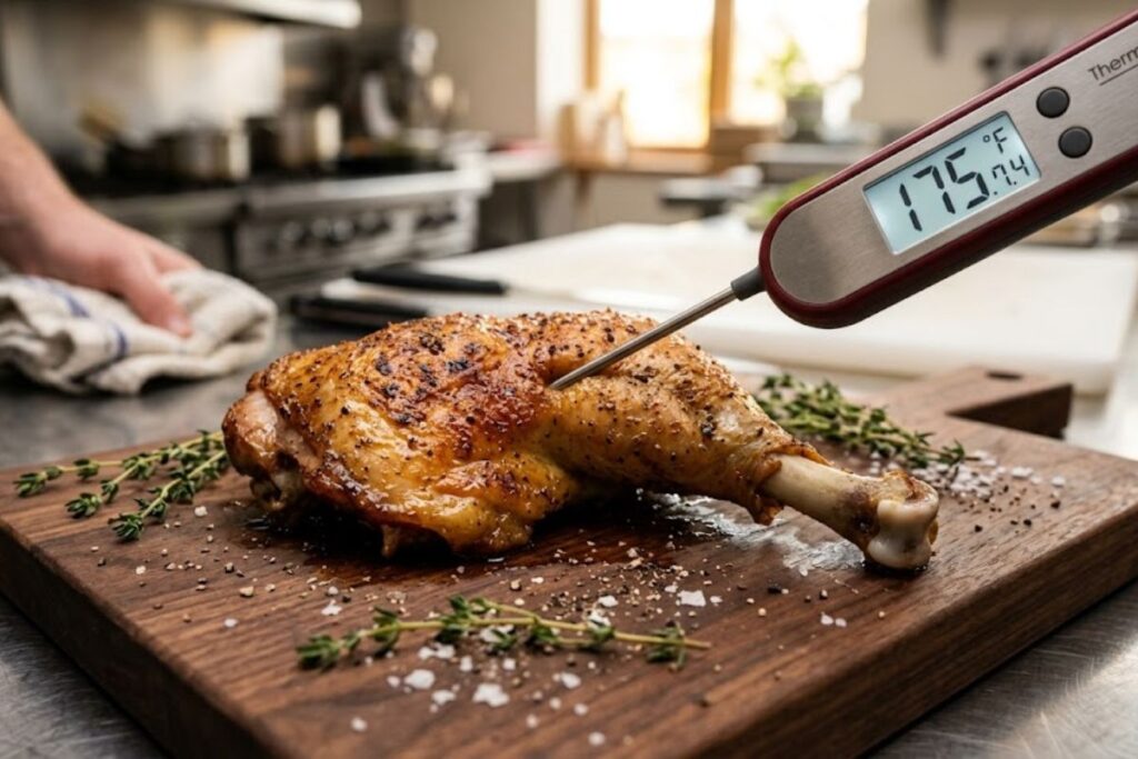 Close-up shot of a meat thermometer probe positioned into the deepest muscle of a chicken thigh avoiding the bone.
