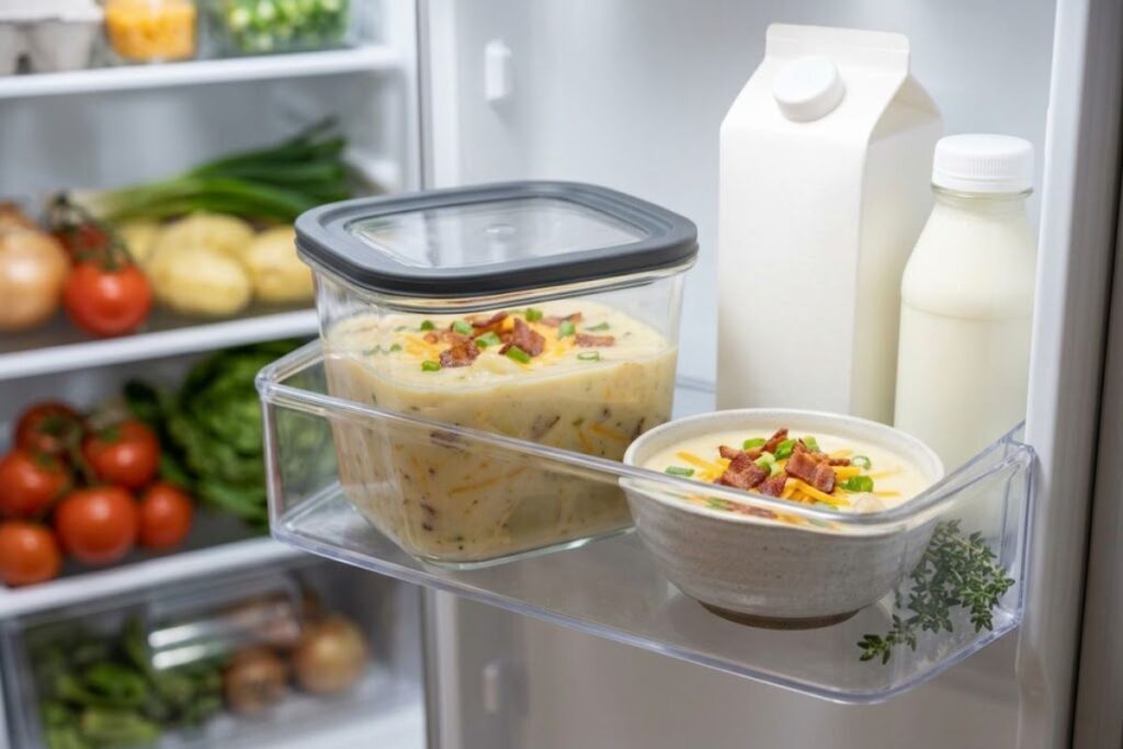 Creamy potato soup stored in an airtight glass container ready for refrigeration.