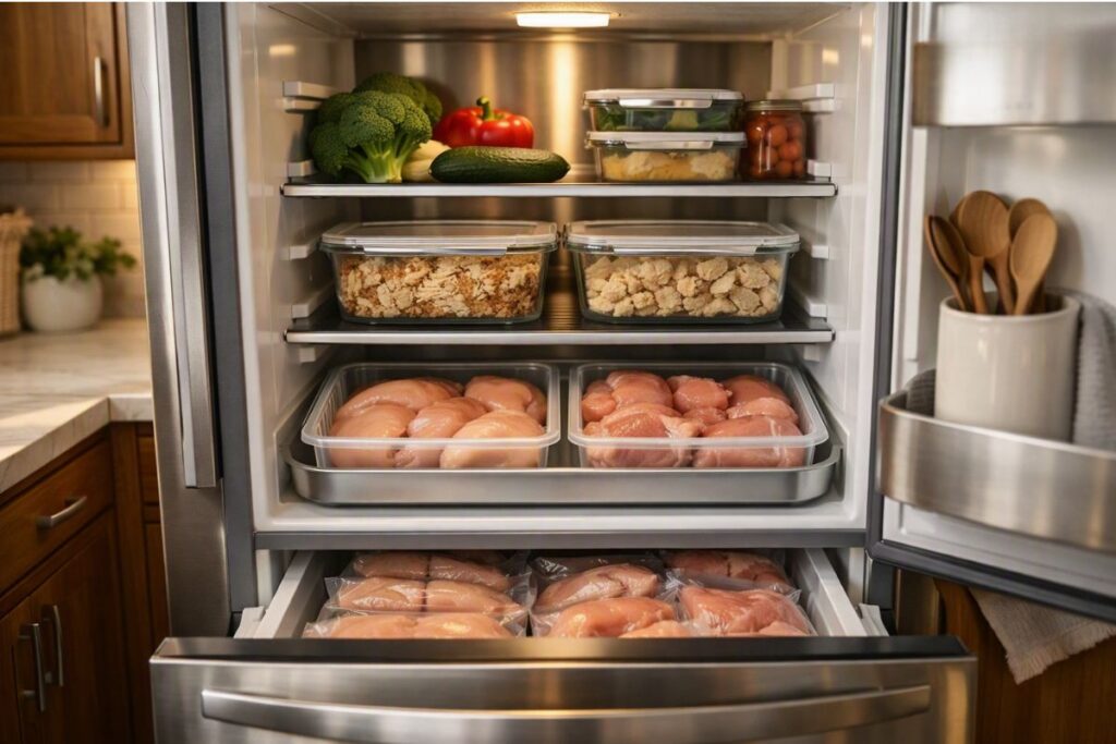 Proper refrigerator and freezer storage of raw and cooked chicken in airtight containers and freezer bags.