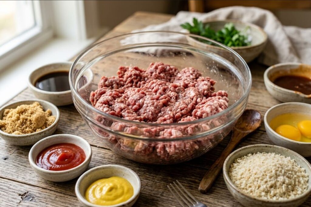 Raw ground beef and pork in a glass mixing bowl surrounded by small bowls of brown sugar, ketchup, yellow mustard, Worcestershire sauce, eggs, and panko breadcrumbs.