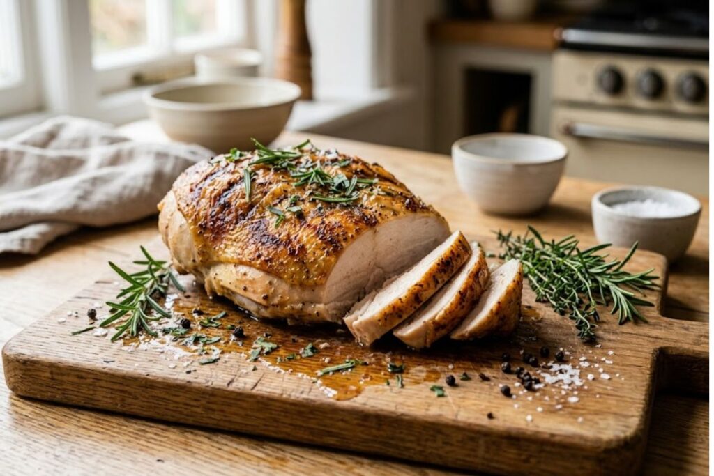 Sliced grilled chicken breast on a platter showing juicy interior textures and clear run-off juices.