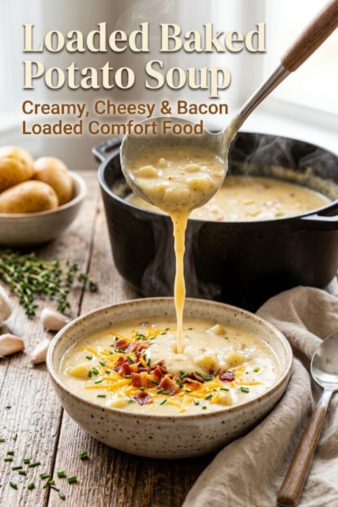 A comforting ladle pouring creamy loaded baked potato soup into a ceramic bowl topped with shredded cheddar, crispy bacon, and chopped chives.