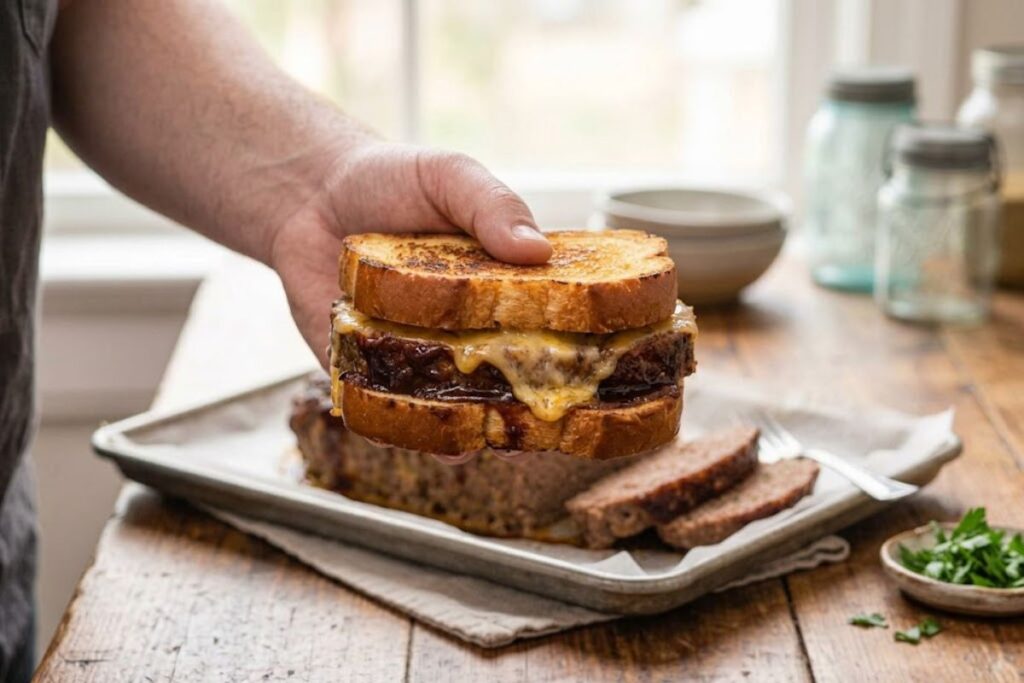 A delicious comfort-food sandwich made with a cold slice of leftover meatloaf, extra glaze, and melted cheddar cheese between two slices of toasted brioche bread.