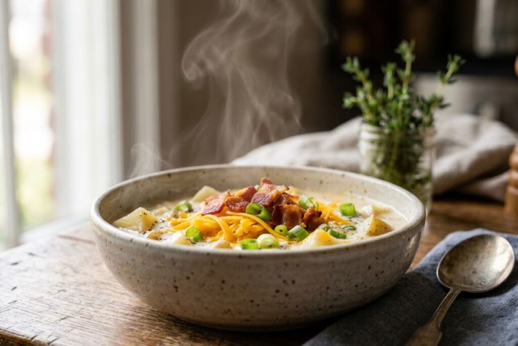 Creamy baked potato soup showing thick velvety texture with potato chunks and melted cheddar.