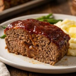 A single slice of meatloaf with a thick layer of sticky sweet brown sugar ketchup glaze served on a plate alongside creamy mashed potatoes.