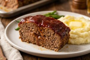A single slice of meatloaf with a thick layer of sticky sweet brown sugar ketchup glaze served on a plate alongside creamy mashed potatoes.