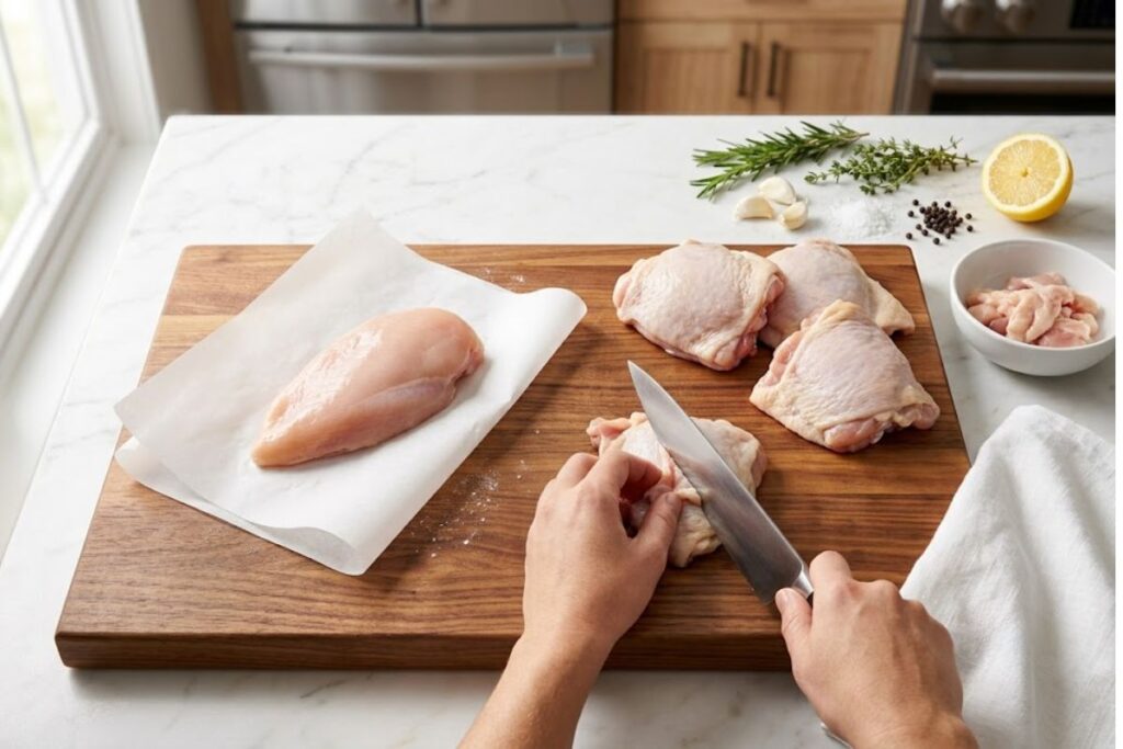 Chicken breast being pounded evenly with a meat mallet while excess skin and fat are trimmed from thighs.