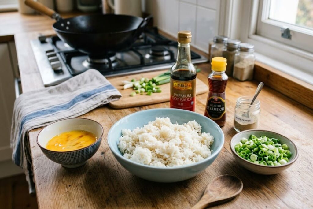 Bowls of day-old jasmine rice, beaten eggs, sliced scallions, soy sauce, toasted sesame oil, and white pepper arranged on a kitchen counter before cooking egg fried rice.