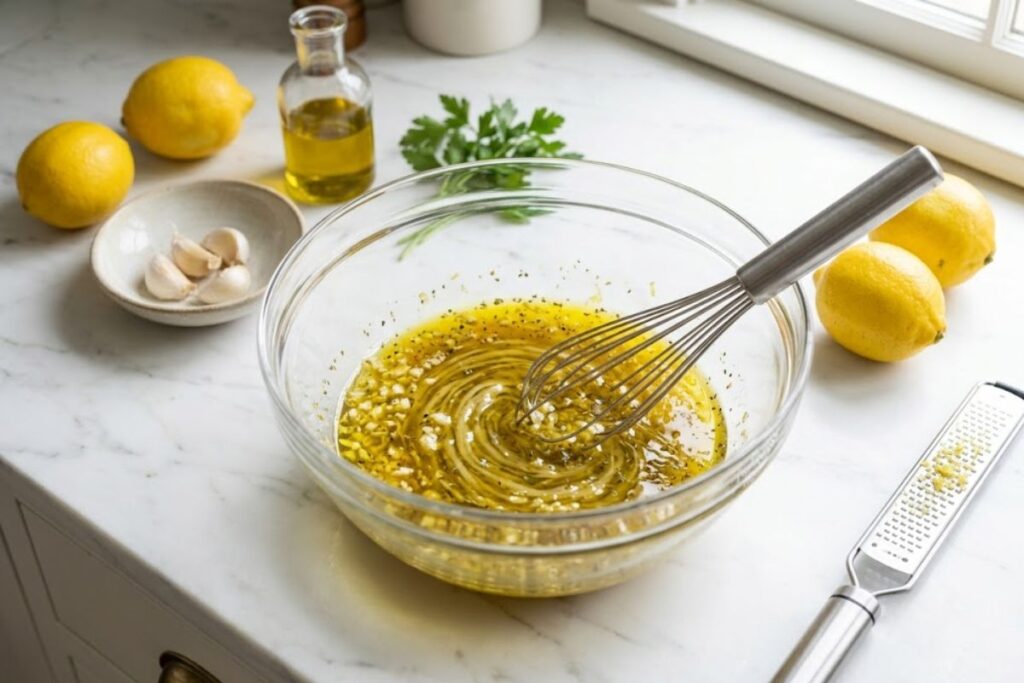 Fresh lemon juice, grated zest, olive oil, and minced garlic being whisked together in a glass bowl.