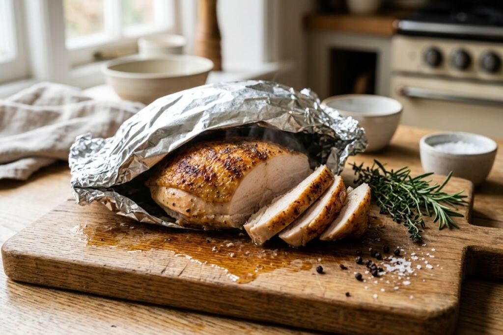 Juicy cooked chicken breast resting on a wooden cutting board loosely tented under aluminum foil.