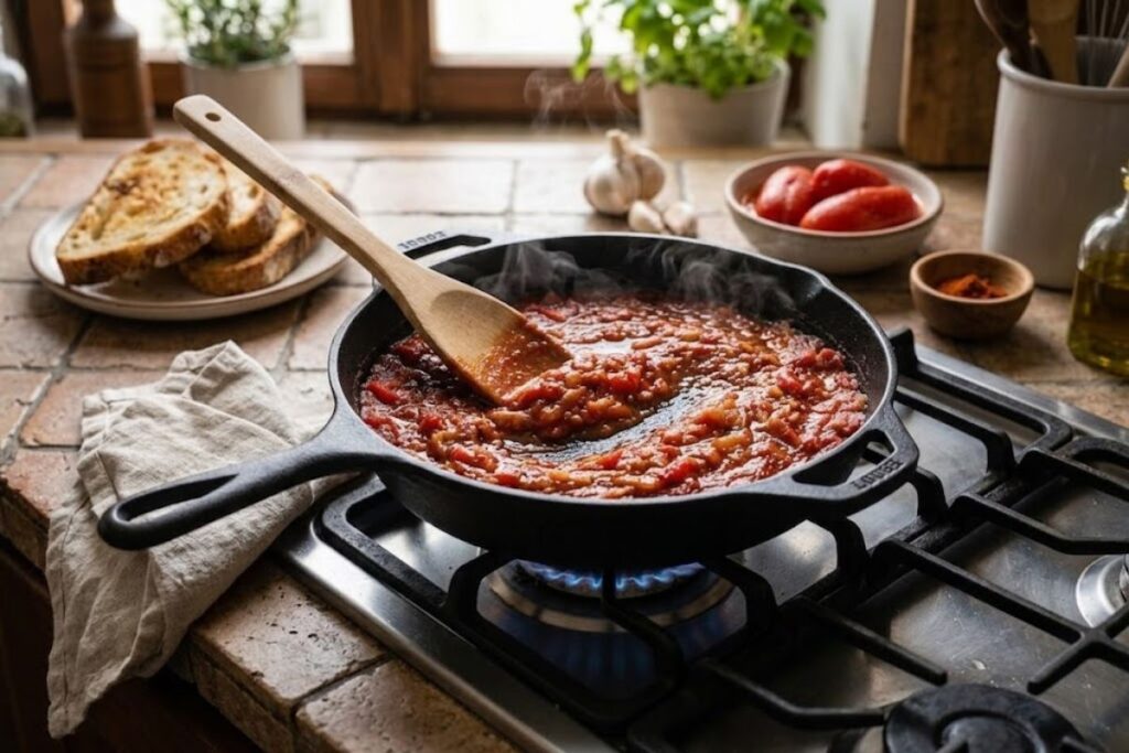 A close-up shot of a flat-edged wooden spoon dragging through a thick, glossy, deep-red tomato and bell pepper sauce in a cast iron pan, leaving a clear trail showing the rich, non-watery texture of the reduced sauce.