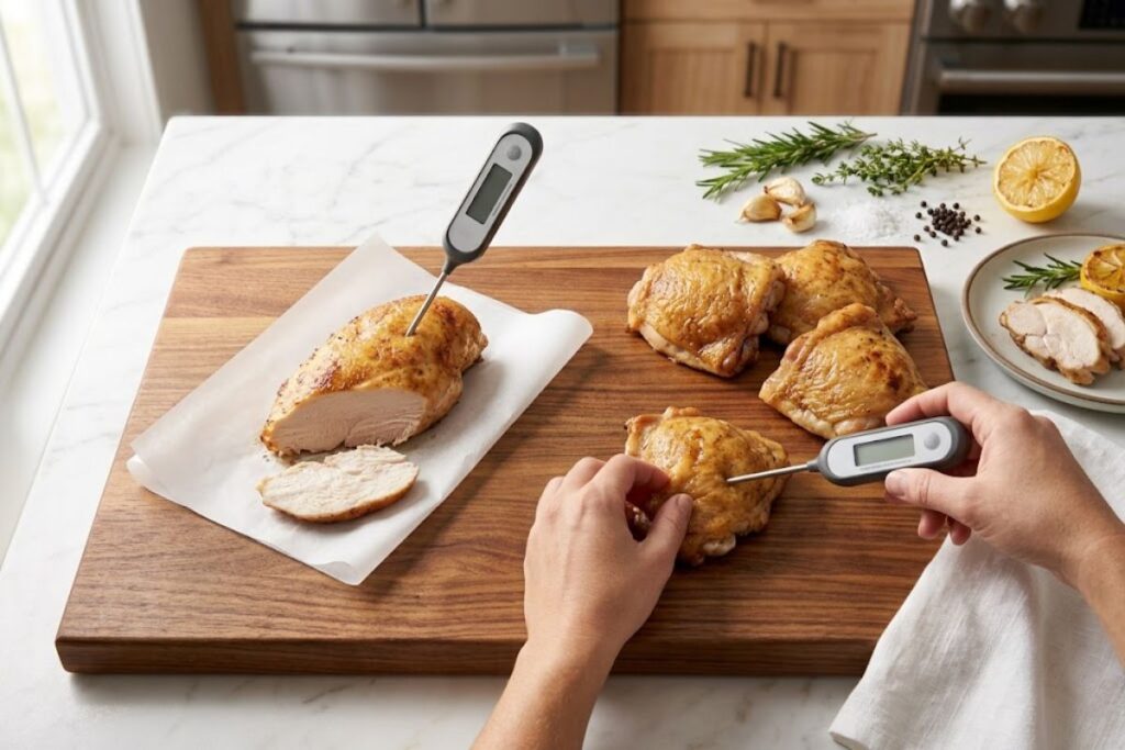 Digital meat thermometer inserted into chicken breast and thigh showing recommended safe cooking temperatures.