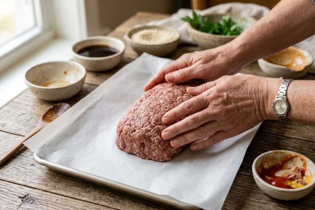 Hands gently shaping the ground meat mixture into a uniform loaf shape on a parchment-lined baking sheet.