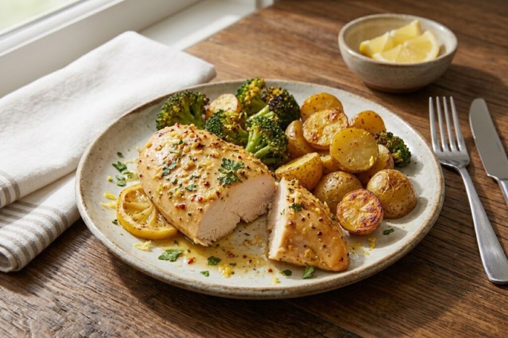 A close-up view of a serving plate featuring a juicy roasted lemon garlic chicken breast next to crisp roasted broccoli and golden brown potatoes.