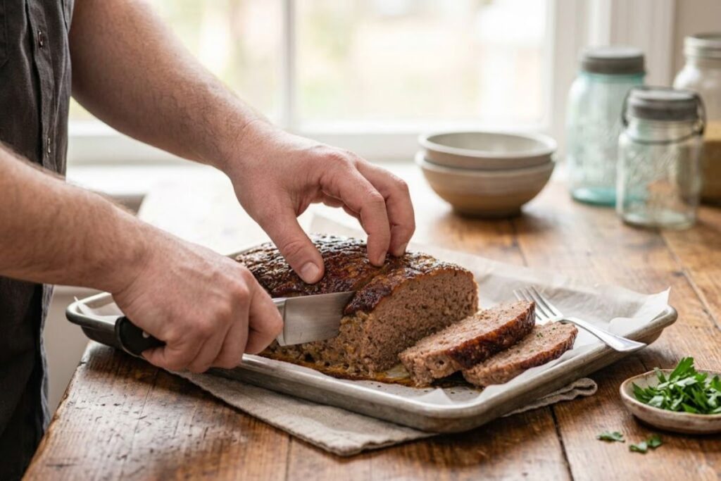 A chef's knife cleanly slicing through a perfectly rested meatloaf, showing smooth, intact slices that hold their shape beautifully.