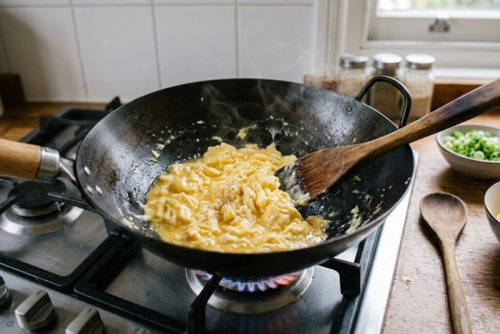 Soft scrambled eggs cooking in a hot wok with a wooden spatula before being added back to homemade egg fried rice.